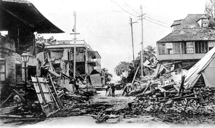 Dégâts du tremblement de terre, King Street et Harbour Street, Kingston, Jamaïque, 1907