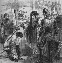 Édouard III adoubant le Prince Noir, 1384, vers 1880