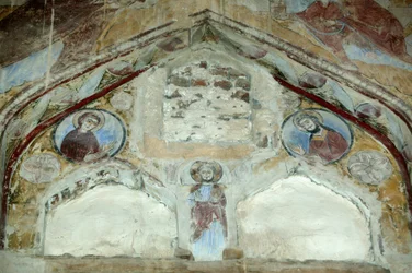 Église de Saint Macaire. Fresques de la Sainte Vierge et Saint Jean Baptiste intercédant avec le Christ en faveur de l