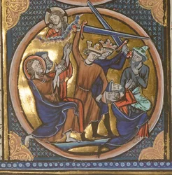 Exécution des Juifs. Miniature tirée des Emblèmes bibliques, vers 1220-1230