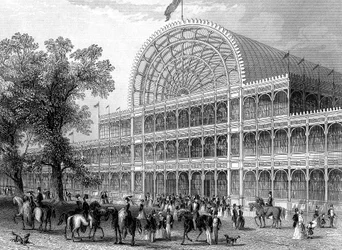 Extérieur du transept nord du Crystal Palace, Londres, construit pour la Grande Exposition