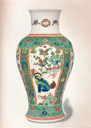 Vase Famille Verte, avec quatre panneaux verticaux peints de rochers et de plantes fleuries, deux monstres