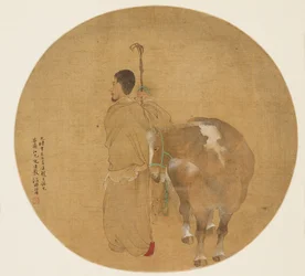 Peinture sur éventail - Cheval et palefrenier