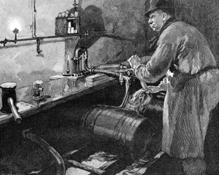 Remplissage de fûts de bière dans une brasserie américaine, 1885