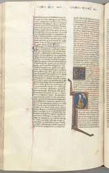 Fol. 440v, Corinthiens I, initiale historiée P, Paul agenouillé parlant au buste de Dieu au-dessus
