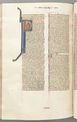 Fol. 453v, Colossiens, initiale historiée P, Paul parlant au buste de Dieu au-dessus, vers 127