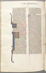 Fol. 454v, Thessaloniciens I, initiale historiée P, Paul assis avec une épée et un livre, vers 1275-1300