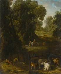 Intérieur de forêt avec voyageurs et gardiens de troupeaux