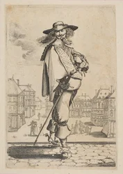 Gentleman avec une épée devant des bâtiments