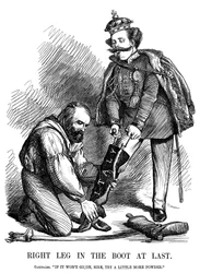 Giuseppe Garibaldi aidant Victor Emmanuel II à enfiler la botte de l