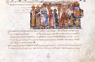 Grande princesse Olga visitant Constantin VII Miniature du Skylitzes de Madrid, 11ème-12ème siècle