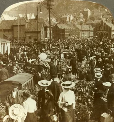 Grand marché de Bergen animé, le marché aux fleurs au nord du marché aux poissons, Norvège, c1905
