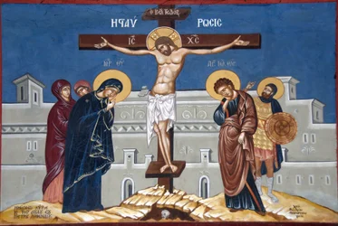Christianisme orthodoxe grec; peinture; Jésus-Christ sur la croix; monastère de Moni Ipsilou; Île de Lesbos; Mer Égée; Grèce; Europe