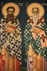 Icône orthodoxe grecque représentant Saint Vissarion et Saint Epiphanos, Thessalonique, Grèce