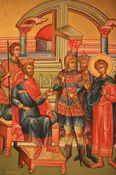 Icône orthodoxe grecque représentant un martyr avec un gouverneur romain, Thessalonique, Grèce