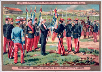 Remise du drapeau aux troupes expéditionnaires, Madagascar, 1883-1896