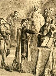 Harold jurant de maintenir le droit du duc de Normandie au trône d