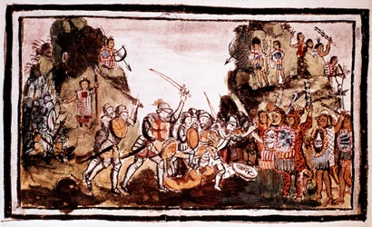 Hernando Cortes Cortez 1485-1547, conquistador espagnol, attaquant des indigènes au Mexique