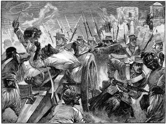 Les Highlanders capturant les canons des mutins à Cawnpore, Révolte des Indes, 16 juillet 1857, vers 1895