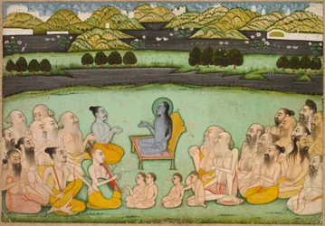 Dieu hindou Krishna parlant aux anciens, vers 1800