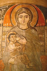 Fresque du monastère copte de la Sainte Vierge et de Saint Jean Kame : Marie allaitant Jésus, Égypte