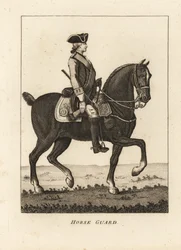 Garde à cheval, en uniforme militaire avec tricorne, mousquet