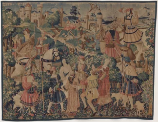 Scènes de chasse et pastorales, avec un joueur de cornemuse et des danseurs