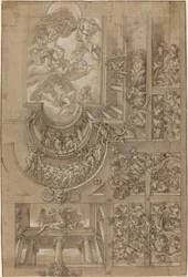 Plafond illusionniste avec une tonnelle de raisin, des figures posées sur des galeries, et un centre..., vers 1570-1580
