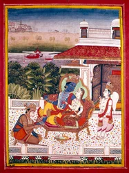 Miniature indienne montrant Krishna et une princesse sur un canapé