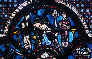 Pèlerin blessé ignoré par le prêtre et le lévite, vitrail, cathédrale de Chartres, France, 1205-1215