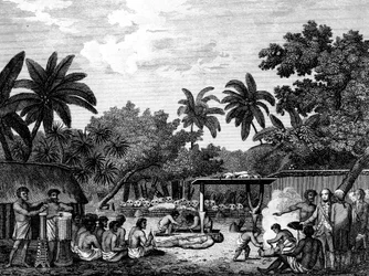 James Cook, navigateur anglais, assistant à un sacrifice humain à Tahiti Otaheite vers 1773, 1815