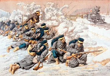 Les Japonais tirant sur un train de la Croix-Rouge russe, Guerre russo-japonaise, 1904