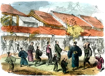 Jeu japonais de raquette et volant dans les rues de Yokohama, 1865