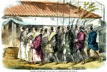 Officiers japonais allant rendre des visites de félicitations, Japon, 1865