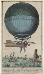 Jean Pierre Blanchard et John Jefferies arrivant à Calais après avoir traversé la Manche en montgolfière, 1785