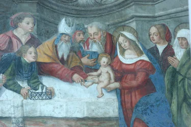 Jésus au temple fresque sur la porte de la cathédrale Sainte-Marie, Aoste, Italie