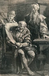Johannes Gutenberg montrant une partie du premier livre imprimé à Faust, 14ème siècle