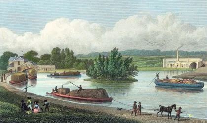Jonction du canal de Regents au bassin de Paddington, Londres, 1828