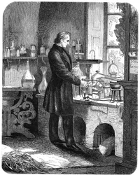 Justus von Liebig, chimiste allemand, travaillant dans son laboratoire, milieu du XIXe siècle vers 1885