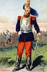 K : Cuirassier. Gravure dans "Alphabet militaire". Initiales de l