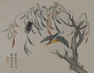 Martin-pêcheur, cigale et saule, 19ème siècle