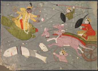 Krishna combattant les fils de Vanasura : Scène de la section Aniruddha Usha de Krishna Lila, vers 1840