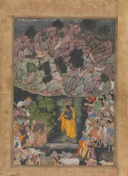 Krishna soulève le mont Govardhan pour abriter les villageois de Braj, Folio de..., ca. 1590-95