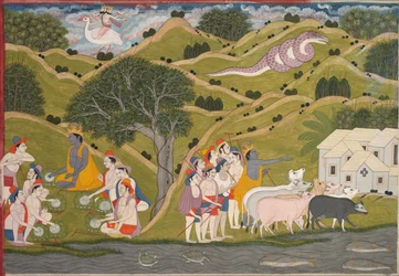 Krishna revient avec les vachers à Braj, du Bhagavata Purana