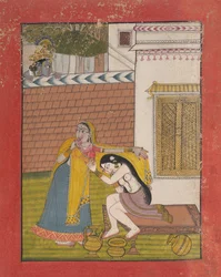 Krishna espionnant Radha, vers 1780-90