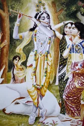 Krishna et les Gopi comme représentés sur un calendrier Hare Krishna, Londres, Grande-Bretagne