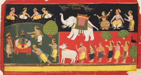 Krishna vénéré par Indra arrivant sur un éléphant blanc, vers 1720
