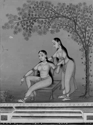 Dame à sa toilette avec une assistante sur une terrasse, vers 1800
