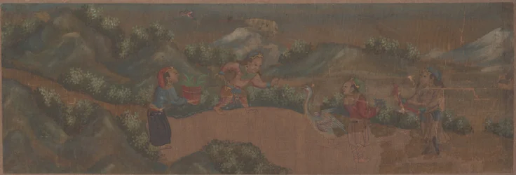 Peinture de paysage avec figure dans un cadre boisé