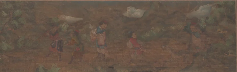Peinture de paysage avec figure dans un cadre boisé